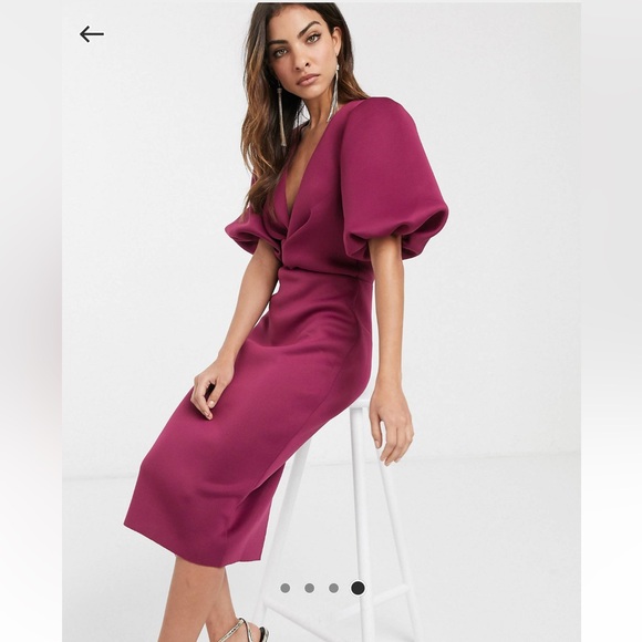 ASOS DESIGN bubble sleeve twist detail midi pencil dress in raspberry NWOT - Picture 3 of 7